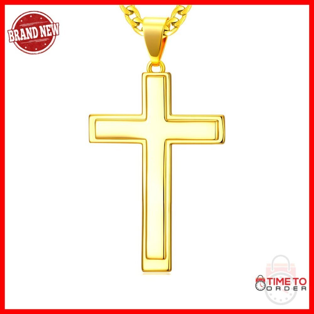 18K Gold Cross Pendant Necklace for Men Minimalist Christian Jewelry